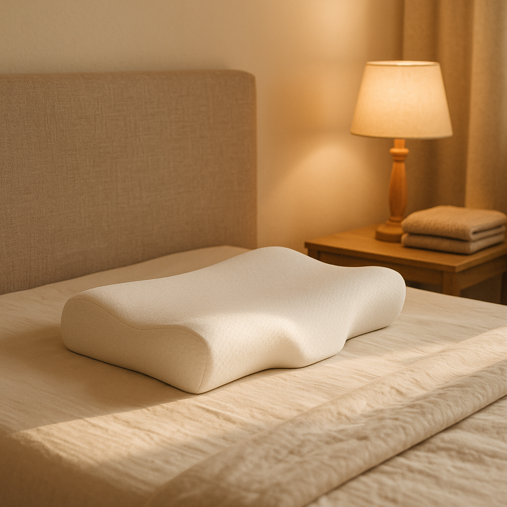 LUREXO Cervical Pillow on a bed in a cozy bedroom at night