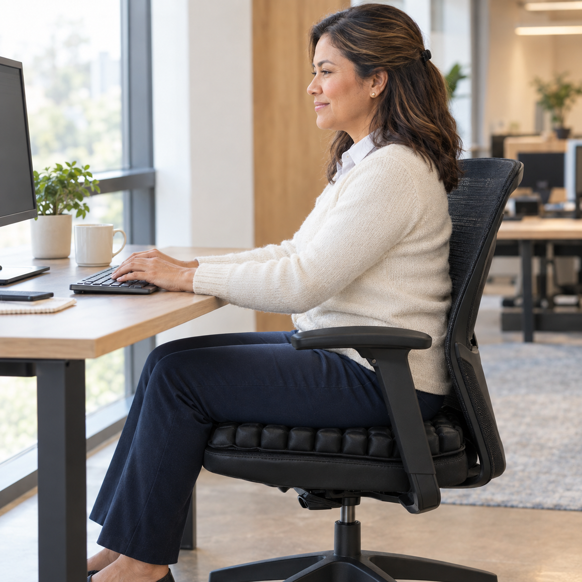 Woman working at an office desk using the AirCell cushion on her chair