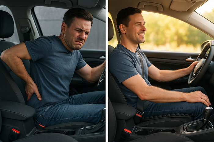 Uncomfortable driver without the AirCell cushion versus comfortable driver using the AirCell cushion