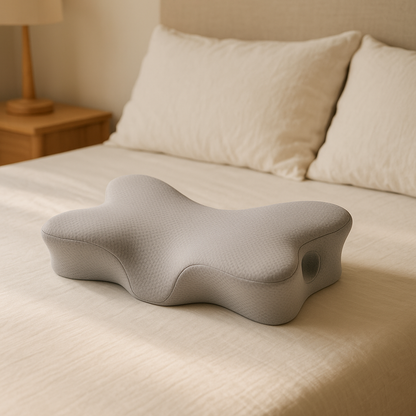 LUREXO Cervical Pillow in Grey on a bed