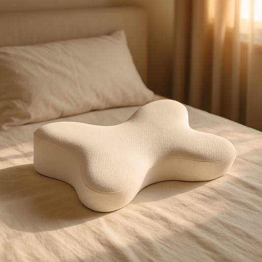 LUREXO Cervical Pillow, white, dual-height contoured memory foam on a bed