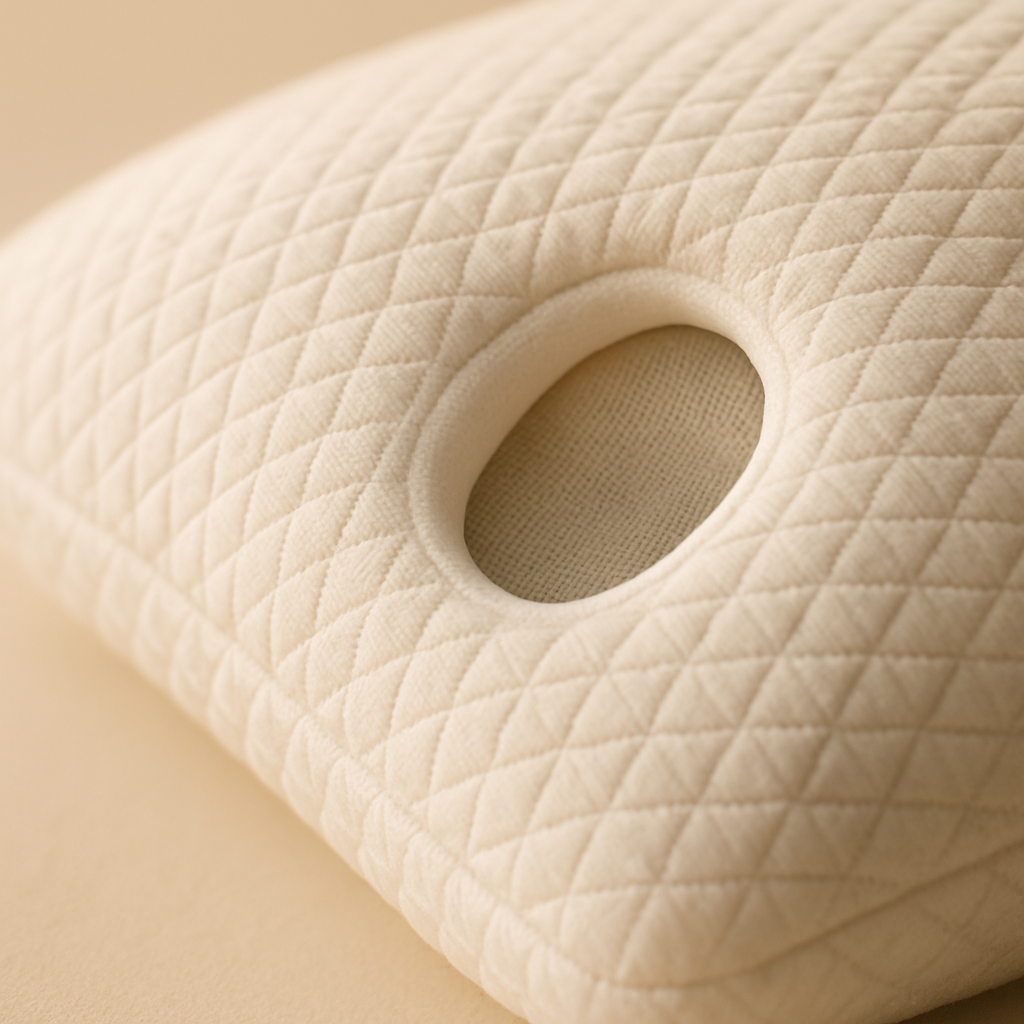 Close-up of the LUREXO Cervical Pillow's ear-relief cutout and quilted cover