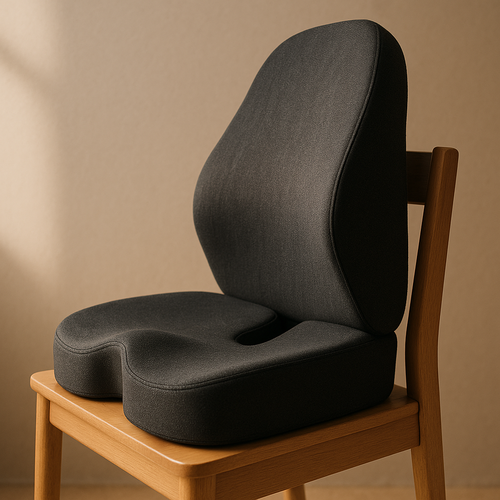 Side profile of the LUREXO Support Cushion showing its contoured shape and coccyx cutout