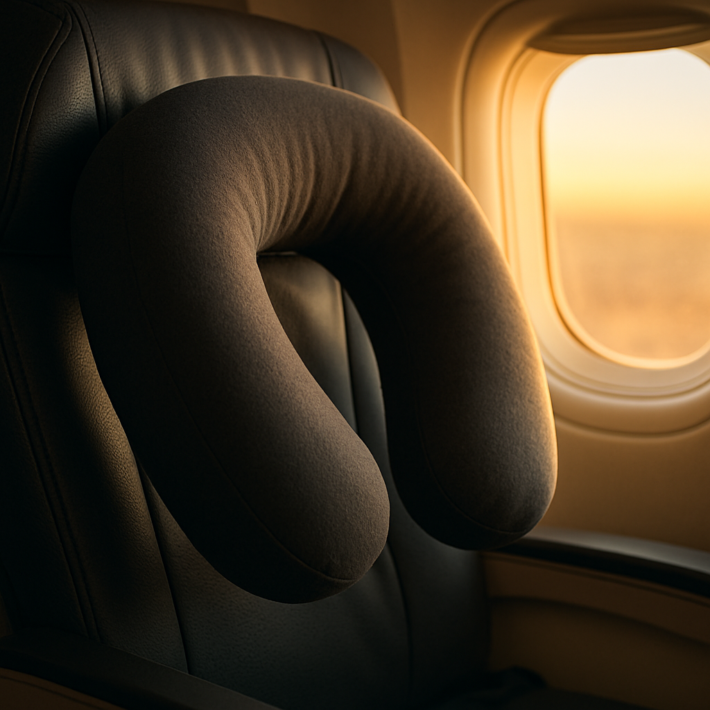 LUREXO Travel Pillow resting on an airplane seat headrest