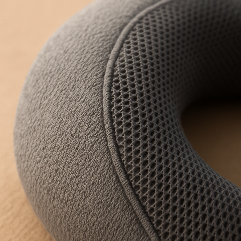 Close-up of the LUREXO Travel Pillow's breathable mesh panel and soft fabric